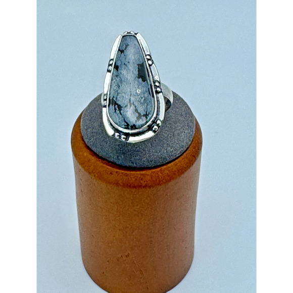 Snowflake Obsidian Stone Estate Ring .925 Stone Sz 6 - 5.45 Grams - 1" - Picture 3 of 4